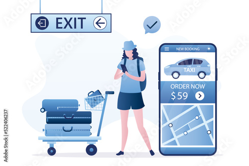 Female tourist books taxi through mobile app. Car call, carsharing service on smartphone screen. Passenger with luggage at exit of airport. Online technology, transport application.
