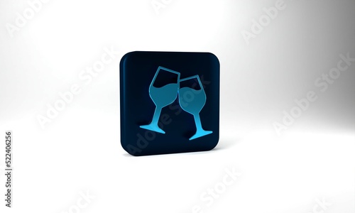 Blue Wine glass icon isolated on grey background. Wineglass sign. Blue square button. 3d illustration 3D render