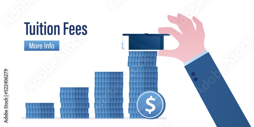 Money for education in college, investment in school. Scholarship of student. Tuition fees, landing page. Finance loan, debt for study in university.