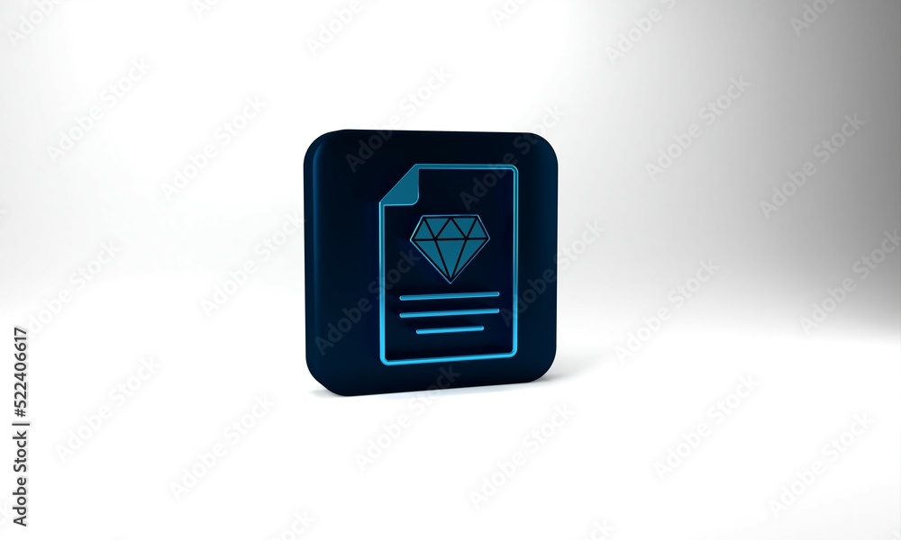 Blue Certificate of the diamond icon isolated on grey background. Blue square button. 3d illustration 3D render