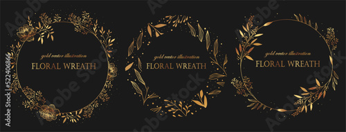 Vintage wreaths of beautiful plants set. Tree foliage, branches with berries, leaves, flowers. Vector illustration. Black, gold foil print. Luxury decor for fashion design, invitations, wedding theme.