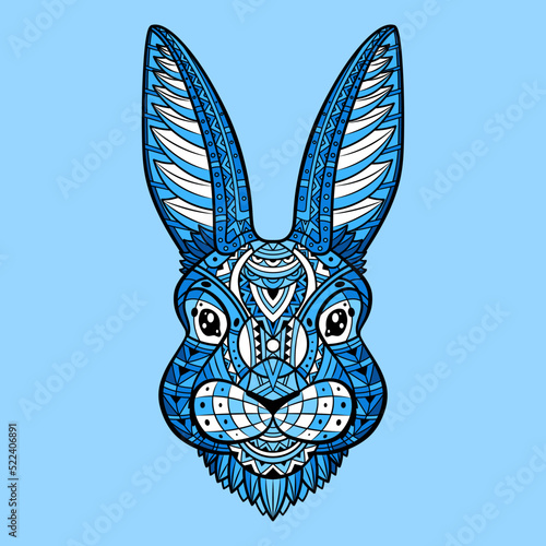 Rabbit head line art coloring. Hare bunny portrait. Line Art. Blue rabbit. Animal head. Hand-drawn with an ethnic floral pattern. Boho, doodle style. Vector illustration. Isolated blue background.