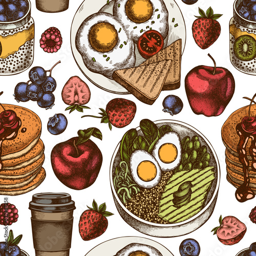 Breakfast seamless pattern background design. Engraved style. Hand drawn pancakes, bowl with avocado, chia pudding, fried eggs, raspberry, blueberry, strawberry, apples, paper cup.