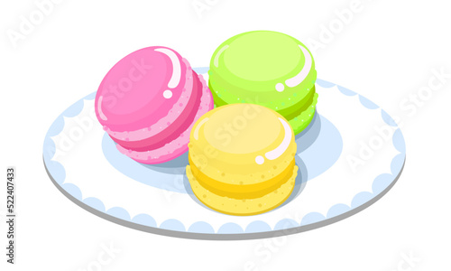 Vector illustration of delicious colorful macarons. Cartoon delicious food on plates, world sweets.
