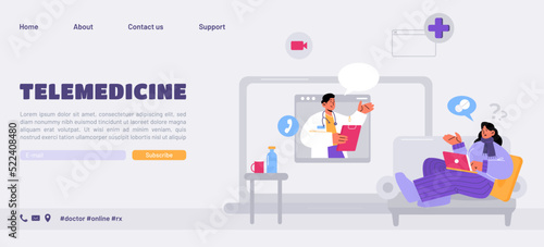 Telemedicine landing page, online medicine concept with doctor and patient communicate via internet. Therapist on laptop screen distantly consulting sick person, health care Line art vector web banner