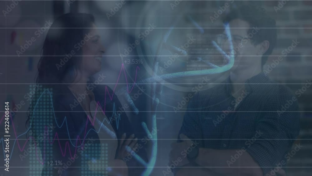 Animation of dna strand spinning and data processing over diverse business people Animation of dna strand spinning and data processing over diverse business people