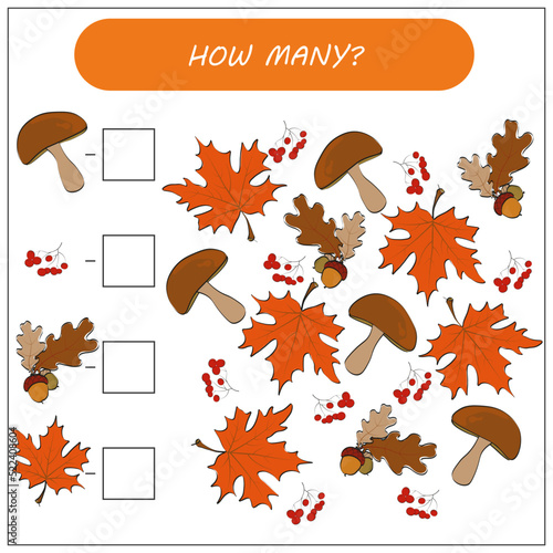 How many counting game with autumn pictures for kids, educational maths task for the development of logical thinking, preschool worksheet activity, count and write the result, illustration