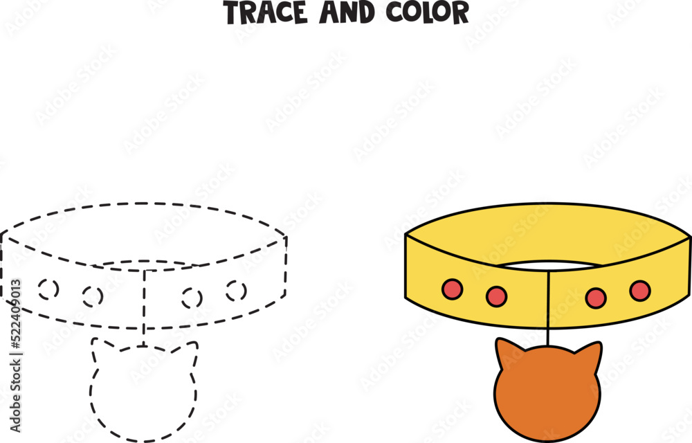 Trace and color cartoon cat collar. Worksheet for children. Stock