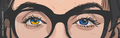 Two eyes of a Ukrainian girl in glasses with the flags of Ukraine and the European Union. Vector illustration. The concept of patriotism, European integration, immigration. Russian aggression, war.
