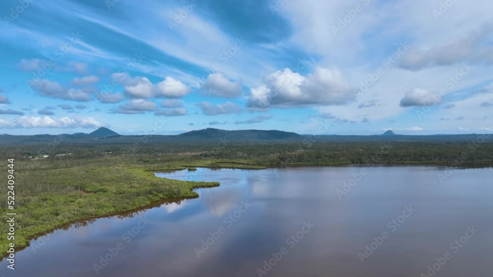 Aerial of the tranquil waters of Queensland's scenic Lake Cootharaba Noosa Aerial of the tranquil waters of Queensland's scenic Lake Cootharaba Noosa