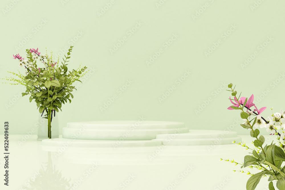 3D podium display, pastel green and beige background with leaves, flowers and decorative vases. Minimal pedestal for beauty, product, fashion. Feminine copy space template 3d render 3D podium display, pastel green and beige background with leaves, flowers and decorative vases. Minimal pedestal for beauty, product, fashion. Feminine copy space template 3d render
