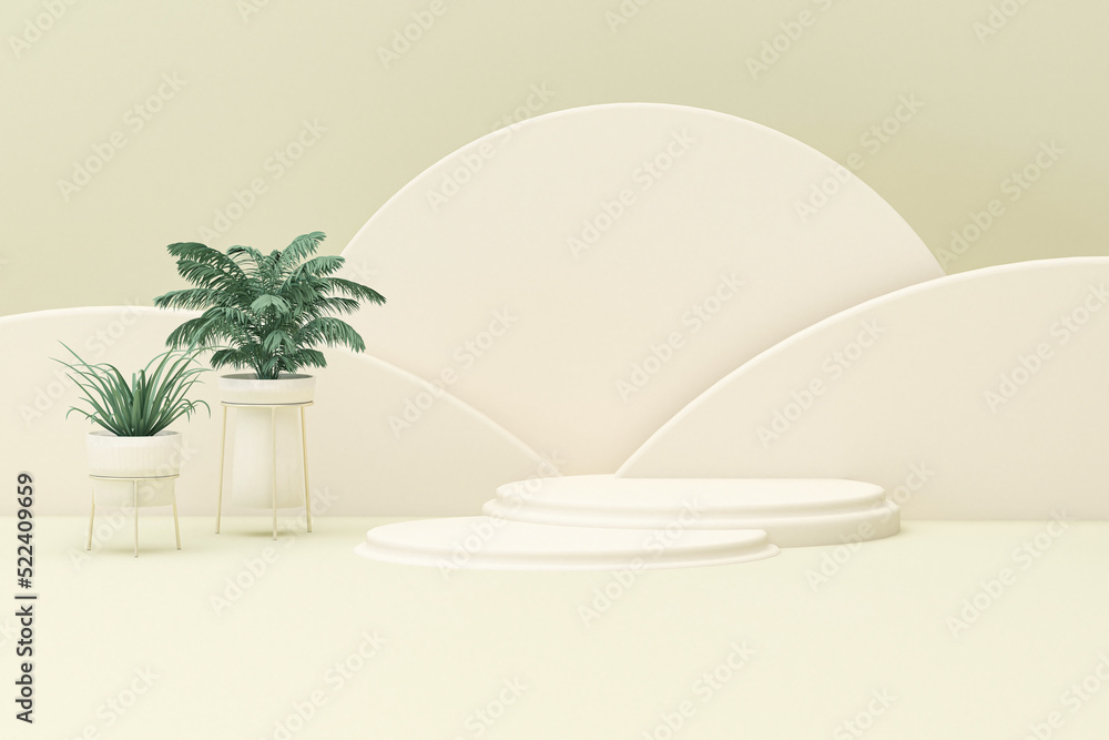 3D podium display, pastel green and beige background with leaves, flowers and decorative vases. Minimal pedestal for beauty, product, fashion. Feminine copy space template 3d render 3D podium display, pastel green and beige background with leaves, flowers and decorative vases. Minimal pedestal for beauty, product, fashion. Feminine copy space template 3d render