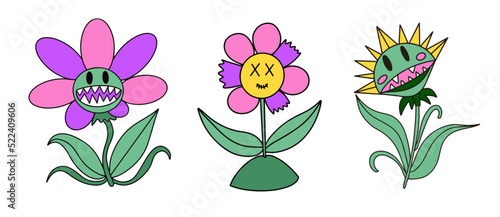 Set of predatory flowers and plants. Monster flower power. Vector illustration.