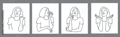 Set of character woman pointing her finger in different directions.