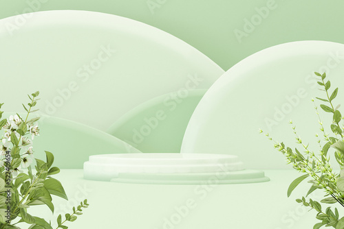 3D podium display, pastel green and beige background with leaves, flowers and decorative vases. Minimal pedestal for beauty, product, fashion. Feminine copy space template 3d render 