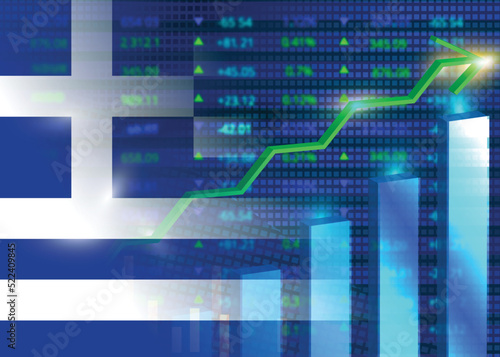 Economic growth in Greece.Greece's stock market.Greek flag with charts,growth arrow
