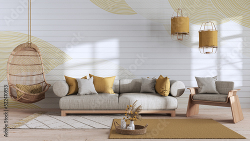 Japandi living room in white and yellow tones with copy space. Sofa and hanging armchair. Wabi sabi interior design photo