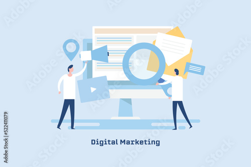 Business people working on digital marketing process and strategy planning at office, flat design illustration concept.