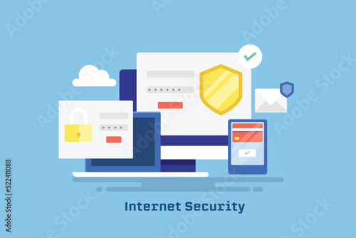 Internet security software providing personal and financial data protection on digital devices, technology concept.