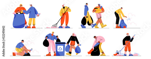 People collect trash, volunteers characters clean up rubbish and garbage for recycling. Ecology, nature protection, volunteering and social charity concept, Line art vector illustration isolated set
