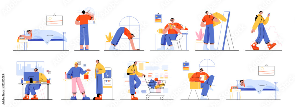 Fototapeta premium Man routine, daily life, schedule habits set. Male character sleep, brushing teeth, exercising, eat breakfast, dress up, go at job, work in office, shopping, relax, Line art flat vector illustration