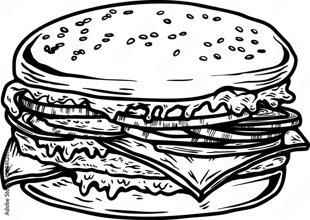 Illustration of burger in engraving style. Design element for poster, menu, sign. Vector illustration Illustration of burger in engraving style. Design element for poster, menu, sign. Vector illustration