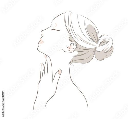 首筋に手を添える横顔の女性 - 首まわり　ナチュラル　上向き