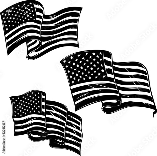 Set of illustration of american flags. Design element for poster, card, banner, sign, logo. Vector illustration