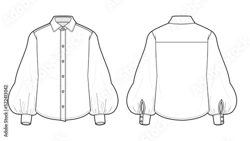 Print op canvas womens bishop sleeve shirt blouse flat sketch vector illustration front and back view technical drawing apparel template