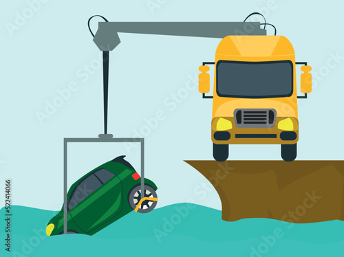 Tow truck recovering automobile from water. Car crash