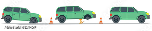 Collage with images of car with damaged tyre and repaired on white background, illustration. Banner design