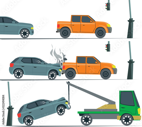 Collage with images of damaged automobiles and tow truck recovering car on white background. Illustration