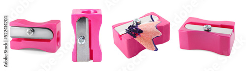 Set with pink pencil sharpeners on white background. Banner design photo