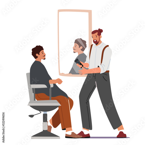 Hairdresser Barber Do Haircut to Male Client In Men Beauty Salon or Barbershop. Customer Sitting front of the Mirror