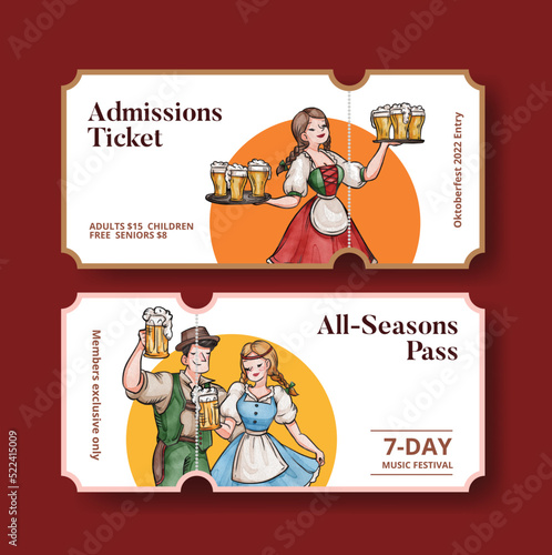 Ticket template with oktoberfest festive concept,watercolor style