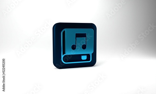 Blue Audio book icon isolated on grey background. Musical note with book. Audio guide sign. Online learning concept. Blue square button. 3d illustration 3D render