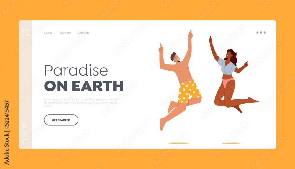 Naklejka premium Summer Vacation Landing Page Template. Happy Couple Jump, Rejoice, Celebrate Beach Party. Smiling Young Man and Woman