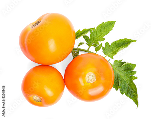 Fresh ripe yellow tomatoes with leaves on white background, top view