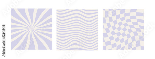 Set of checkerboard, wavy and sun rays backgrounds in pale pastel violet color. Groovy hippie chessboard pattern. Retro 60s 70s psychedelic wavy design. Gingham vector wallpaper collection templates.