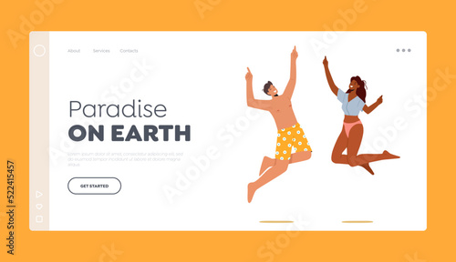 Summer Vacation Landing Page Template. Happy Couple Jump, Rejoice, Celebrate Beach Party. Smiling Young Man and Woman