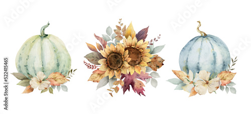 Watercolor vector set of autumn bouquets with pumpkins, leaves and sunflower flowers.