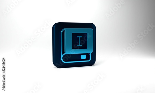 Blue Book icon isolated on grey background. First volume. Blue square button. 3d illustration 3D render