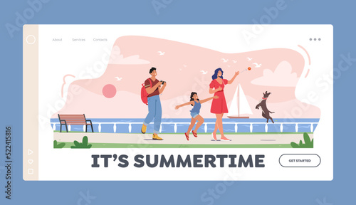 Summertime Landing Page Template. Happy Family Characters Walking along Embankment with Seaview and Floating Yacht