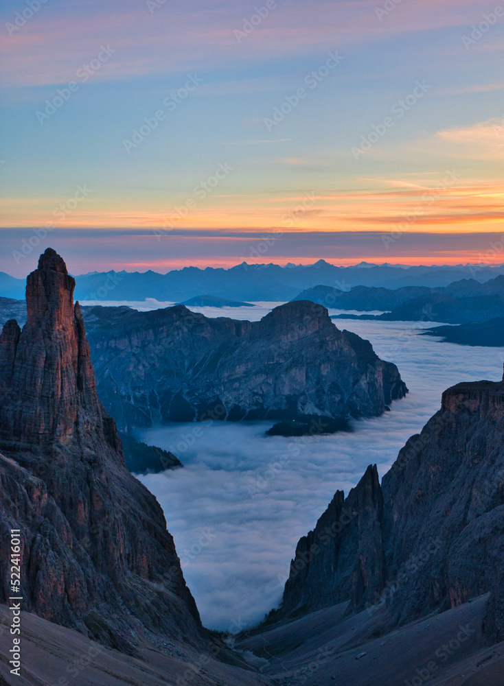 Sunset from Rifugio Boè over Alta Badia, Alta Via 2, Dolomites, Italy Sunset from Rifugio Boè over Alta Badia, Alta Via 2, Dolomites, Italy