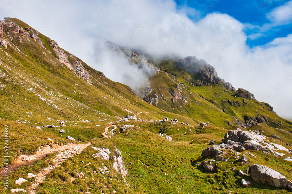 Fototapeta premium Hiking in clouds, Alta Via 2, Dolomites, Italy