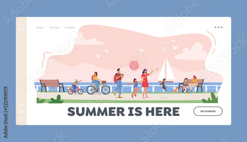 Vacation Outdoors Landing Page Template. Happy Family Characters Walking along Embankment with Seaview Landscape