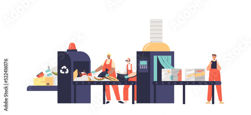 Workers in uniform sort litter at garbage recycling conveyor. Waste sorting and separating plant