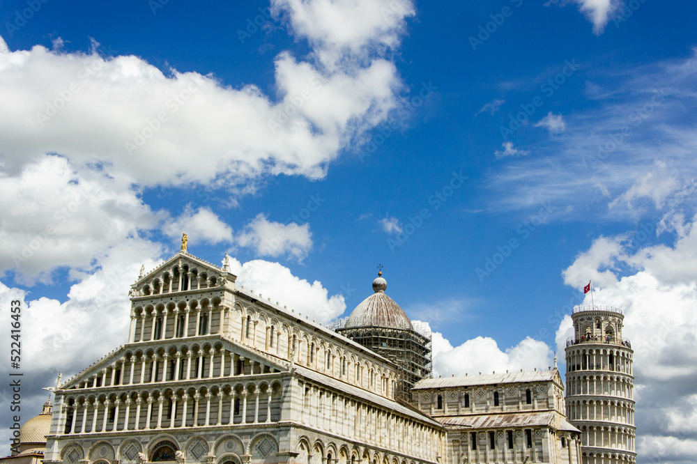 The Square of Miracles of Pisa, with the Cathedral dedicated to Santa Maria Assunta, the baptistery, and the Leaning Tower of Pisa.