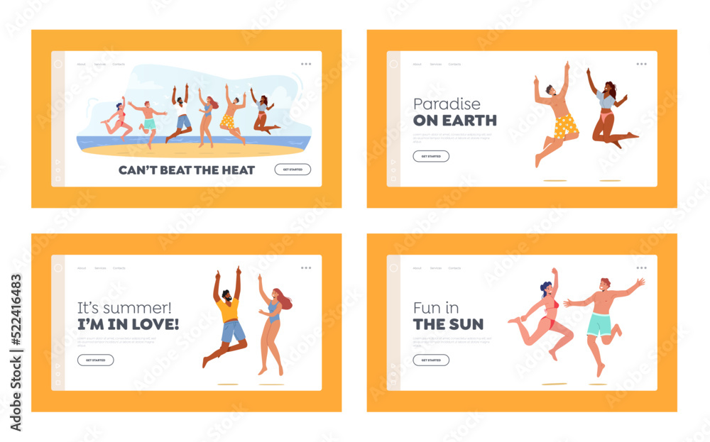 Outdoor Fun, Activity Landing Page Template Set. Happy Young People Group in Swim Wear Jumping with Hands Up