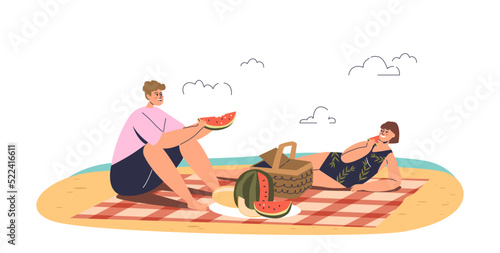 People on beach have picnic, eat watermelon and relax. Summer relaxation on seaside, exotic resort